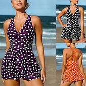 billiga vintage badkläder-1 pcs Badkläder One-piece Baddräkter Retro / vintage Femtiotal Dam Prickig Polyester Svart Blå Klänning