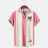 cheap Tropical Plants-Men&#039;s Color Block Coconut Tree Tropical Plants Shirt Summer Hawaiian Shirt Bowling Shirt Short Sleeve Shirt Turndown Fashion 1950s Leisure Vacation Street Going out Black Pink Blue S M L