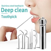 voordelige Persoonlijke Verzorging &amp; Gezondheid-7 stks draagbare roestvrijstalen tandenstokers pocket set herbruikbare metalen tandenstokers reinigingsset met houder voor outdoor picknick camping reizen