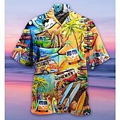 preiswerte Vögel &amp; Tiere-Herren Flamingo Lampen Hemd Hawaiihemd Sommerhemd Aloha-Shirt Kurzarm Hemd Umlegekragen Tropisch Modisch Strassenmode Casual Hawaiianisch Festtage Schwarz Gelb Hellgrün S M L