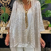 cheap Wedding Guest Wraps-Women&#039;s Plus Size Jacket Sequins Formal Party Open Front  Sparkle &amp; Shine 3/4 Sleeve Sequined Fall Wedding Guest Wraps With Glitter For Spring &amp; Summer Wedding Mother of Bride dress to impress 2025