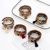 cheap Wearable Accessories-Tree &amp; Tassel Charm Beaded Bracelet Handmade Bohemian Style Multi-layer Wooden Bead Beaded Bracelet Elastic Bracelet Hand Jewelry