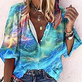 preiswerte Damen Boho Tops-Damenhemd Langarm Button-Down Bluse Alltäglich Basic Floral Knöpfe Druck Reguläre Oberteile V-Ausschnitt Lässig Urlaub Blau Grün Herbst  Winter