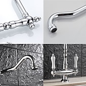cheap Classical-Twin Lever Traditional Kitchen Sink Mixer Taps, Dual Lever Cold and Hot Faucet Deck Mounted, 360° Swivel Spout Sink Tap with 2 Ceramic Handles, Antique Brass Classic Double Handle for Kitchen Bathroom