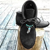 baratos Botas de tornozelo-Botas femininas de cano curto mocassim de couro sintético com detalhes de penas e contas, calçados casuais confortáveis para uso ao ar livre e no dia a dia