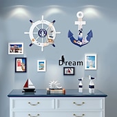 olcso fa faljelek-strand fa csónak hajó kormánykerék fal akcentus falra akasztó ajtó akasztó dísz fali dekoráció lakberendezés 28*28cm