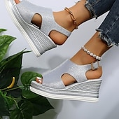 cheap Casual Sandals-Women&#039;s Glitter Wedge Sandals – Open-Toe Design with Cut-Out Details, Adjustable Strap, and Platform Sole, Perfect for Summer Parties and Casual Outings