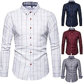 billiga Button Down-skjortor för män-Herr Skjorta Pläd / Rutig Bröllop Kontor &amp; Karriär Vit Mörkblå Grå Långärmad Nedvikt Sommar Vår Kläder Framficka