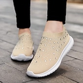 preiswerte Damen-Sneaker-Damen-Sneaker zum Hineinschlüpfen in Regenbogenfarben – farbenfrohe Sportschuhe aus Strick mit Strassverzierungen für die Freizeit und zum Spazierengehen
