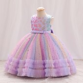 preiswerte Kleider für die Blumenmädchen-Kinder Mädchen Partykleid Einfarbig Ärmellos Leistung Besonderer Anlass Knotenbinde Elegant Polyester Knielang Tüllkleid Sommer Frühling 3-10 Jahre Champagner Rosa Blau