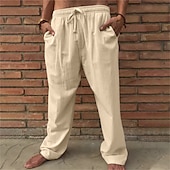 billiga Hem-Herr Linne Byxor Långbyxor Sommarbyxor Strandbyxor Snörning Elastisk midja Rakt ben Slät Komfort Utomhus Ledigt Dagligen Streetwear Stylish Brun Kaki