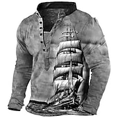 cheap Vintage&amp;Retro-Men&#039;s Graphic Ship Henley Shirt Tee Long Sleeve 3D Print Vintage Fashion Designer Outdoor Casual Daily Spring &amp;  Fall Blue Brown Green Gray Henley Henley T-Shirt