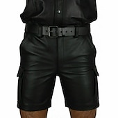 baratos Calções Estilo Casual-Homens Shorts casuais Shorts de couro falso Bolsos Côr Sólida Curto Festa Diário Bandagem Moda Clássico Preto