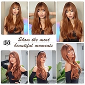 cheap Synthetic Trendy Wigs-Long Auburn Wig with Bangs Layered Curly Orange Wigs for Women Natural Synthetic Wigs for Daily Use