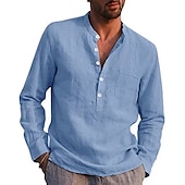 cheap Classic-Men&#039;s Linen Shirt Band Collar Shirt Summer Shirt Beach Wear Solid Color Daily Hawaiian Black White Wine Navy Blue Long Sleeve Henley Spring &amp;  Fall Clothing Apparel Collared Shirts
