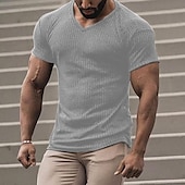 preiswerte Geripptes Strick-T-Shirt-Herren T Shirt Geripptes Strick-T-Shirt T-Shirt Kurze Ärmel V Ausschnitt Sommer Einfach Designer Basic Moderne zeitgenössische Urlaub Straße Ausgehen Schwarz Weiß Kaffee Top T-Shirt für Herren