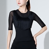 billiga Danskläder till latindans-latin dans ballroom dance activewear topp fransad tofs rysande ren färg kvinnors prestationsträning halvärm hög polyester