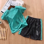 billiga Kläder för pojkar-2 delar Barn Pojkar Träningsoveraller Utrusta Färgblock Kortärmad Crewneck Bomull Uppsättning Sport Sommar Vår 7-13 år Vit Gul Ljusgrön
