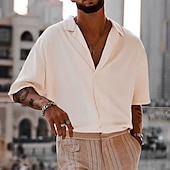 cheap Men&#039;s Button Up Shirts-Men&#039;s Shirt Cuban Collar Shirt Button Up Shirt Black White Navy Blue Brown Green Short Sleeve Plain Camp Collar Vacation Daily Clothing Apparel Cotton Cotton Blend Fashion Casual Comfortable