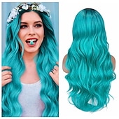 economico Parrucche dei personaggi dei film-amo le parrucche bluastre verdi ombre lunghe ricce ondulate blu acquamarina parrucca con parte laterale 2 toni radici scure parrucche sintetiche per feste quotidiane cosplay per donne parrucche di