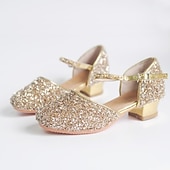 baratos Sapatos Para Dança de Salão &amp; Dança Moderna-Sapatos de dança de salão prateados com glitter para meninas – sapatos de festa de princesa de salto baixo com tira de strass no tornozelo para casamentos e apresentações