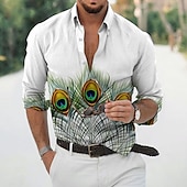 cheap Birds &amp; Animals-Men&#039;s Feather Shirt Aloha Shirt Long Sleeve Fashion Designer Casual Outdoor Vacation Daily Spring &amp; Summer Stand Collar 3D Print Button-Down Black White Black / Green Yellow Army Green