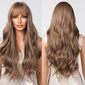 baratos Perucas Sintéticas sem Touca-Allbell loira peruca platinada para mulheres cabelo sintético encaracolado longo com franja perucas onduladas com raízes escuras perucas barbiecore
