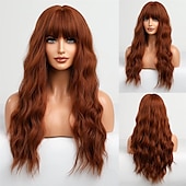 cheap Synthetic Trendy Wigs-Long Auburn Wig with Bangs Layered Curly Orange Wigs for Women Natural Synthetic Wigs for Daily Use