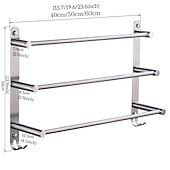 cheap Towel Bars-3-Tier Towel Rail with Hooks for Bathroom Wall Mounted Stainless Steel Towel Bar Brushed Nickel Towel Rack Rustproof Towel Bar 40/50/60CM(Silvery)