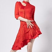 abordables Tenues de danse latine-Robe de danse latine à franges et franges, ajourée, ajourée, entraînement de performance, demi-manches, haute polyester