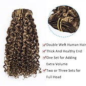 cheap Clip in Hair Extensions-Two Tone Color 14Inch Jerry Curly Clip in Hair Extension Human Hair #4 Dark Brown Color with #27 Strawberry Blonde Color 3B 3C Curly Double Weft with 7pieces 120Grams Per Pack