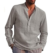 cheap Classic-Men&#039;s Linen Shirt Band Collar Shirt Summer Shirt Beach Wear Solid Color Daily Hawaiian Black White Wine Navy Blue Long Sleeve Henley Spring &amp;  Fall Clothing Apparel Collared Shirts