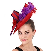 billige Coiffer-fascinators Sinamay Bryllup Kentucky Derby cocktail Retro Rød Brude Med Fjær Blomster Hodeplagg Hodeplagg