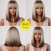 olcso Szintetikus, trendi parókák-barna szőke ombre bob parókák nőknek cosplay paróka frufruval sötét gyökerek szürke természetes haj szintetikus paróka barbiecore parókák