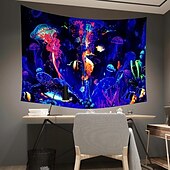cheap Blacklight Tapestries-Blacklight Tapestry UV Reactive Glow in the Dark Glow Party Neon Jellyfish Marine Psychedelic Trippy Misty Hanging Tapestry Wall Art Mural for Living Room Bedroom