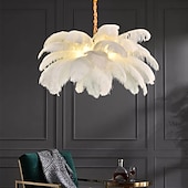 abordables Luces de isla-Lámpara colgante de luz led, hermosa lámpara colgante de ramo de plumas de avestruz blanco extra grande, accesorio de iluminación montado romántico para el dormitorio del restaurante