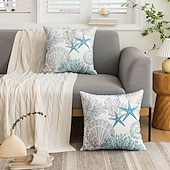 baratos Jogue travesseiros, inserções e capas-Fronha náutica costeira floral dupla face 2 peças capa de almofada quadrada decorativa macia fronha para quarto sofá sala sofá cadeira