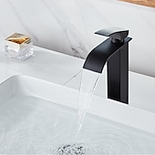 economico Classici-Rubinetto Miscelatore Lavabo Bagno A Cascata Alto Corto, Lavabo Monocomando Rubinetti Lavabo Monocomando, Bagno Con Tubo Flessibile Caldo E Freddo Vaso Monoblocco Acqua Rubinetto In Ottone Montaggio A Bordo Nero Dorato