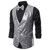 economico Costumi da Palco-Gilet classico da uomo in paillettes vestibilità su misura scollo a V monopetto a tre bottoni argento nero borgogna