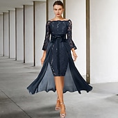 voordelige Jurkensets voor mama-Twee Delige Sheath Moeder van de Bruid Jurk Formele Bruiloft Gast Elegante Feest Off Shoulder Knie Lengte Chiffon Kant Imiteerde Zijde 3/4 Lengte Mouw met Strik(ken) 2025 gratis op maat