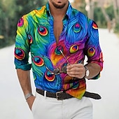cheap Birds &amp; Animals-Men&#039;s Feather Shirt Aloha Shirt Long Sleeve Fashion Designer Casual Outdoor Vacation Daily Spring &amp; Summer Stand Collar 3D Print Button-Down Black White Black / Green Yellow Army Green