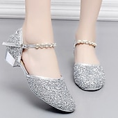 baratos Sapatos Para Dança de Salão &amp; Dança Moderna-Sapatos de dança de salão prateados com glitter para meninas – sapatos de festa de princesa de salto baixo com tira de strass no tornozelo para casamentos e apresentações