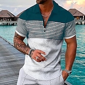 cheap Men&#039;s Hawaiian Polo-Men&#039;s Striped Hawaiian Polo Shirts Golf Shirt Short Sleeve Polo Shirts Collared Shirts Casual Beach Wear Vacation Wear Party Outfits 3D Print Quarter Zip Polo Black-White Black Army Green
