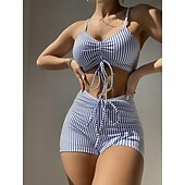 cheap Vintage Swimwear-2 pcs Swimwear Bikini Swimsuits Y2K Women&#039;s Striped Polyester Black Blue Bra Briefs