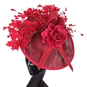 billige Coiffer-fascinators Sinamay Bryllup Kentucky Derby cocktail Retro Rød Brude Med Fjær Blomster Hodeplagg Hodeplagg