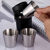 cheap Barware-4 Stainless Steel Shot Cups Drinking Vessel with Black Leather Carrying Case (30ml) Outdoor Camping Travel Unbreakable Metal Shooters for Whiskey Tequila Liquor Great Barware Gift