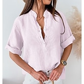 Недорогие Основные искусственные рубашки-Жен. Застегните кнопку вверх Блуза Длинные хлопковые топы Искусственный хлопок и лен Пуговицы Сплошной/однотонный цвет Классический Неоновый и Яркий V-образный вырез Повседневные