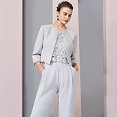 cheap Mom&#039;s Pant Suits-Pantsuit 3 Piece Mother of the Bride  Formal Wedding Guest Elegant Scoop Neck Ankle Length Chiffon Lace Sleeveless with Appliques free custom size