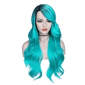 economico Parrucche dei personaggi dei film-amo le parrucche bluastre verdi ombre lunghe ricce ondulate blu acquamarina parrucca con parte laterale 2 toni radici scure parrucche sintetiche per feste quotidiane cosplay per donne parrucche di