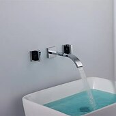 cheap Wall Mount-Wall Mounted Bathroom Sink Mixer Faucet Waterfall, Widespread Basin Taps Vintage Brass 2 Handles 3 Holes Washroom Wash Baxin Tap with Cold Hot Water Hose